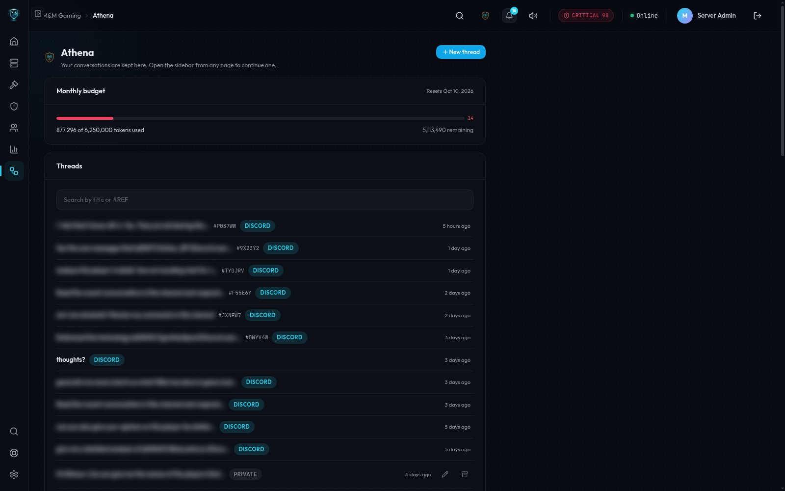 Athena threads with a monthly token budget
